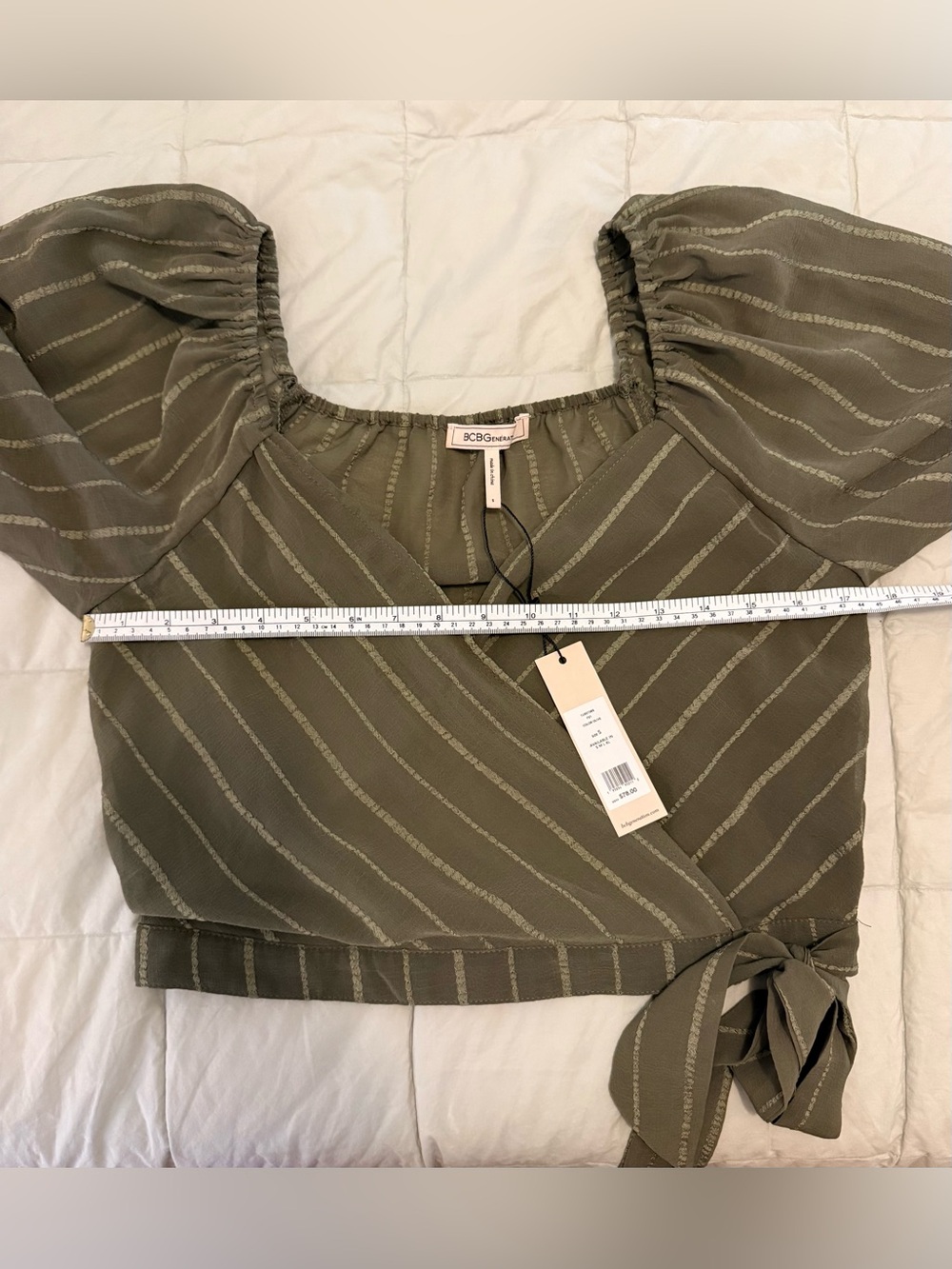 NWT BCBGeneration Olive Green Dobby Stripe Wrap Crop Blouse Small - Picture 12 of 13